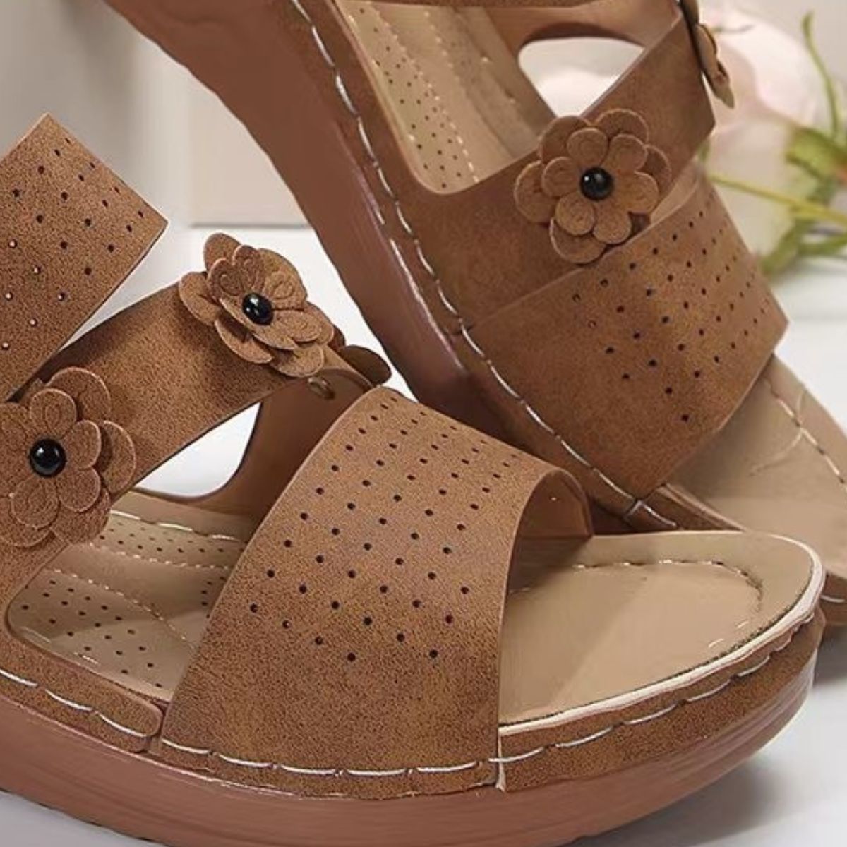 Flower PU Leather Wedge Sandals