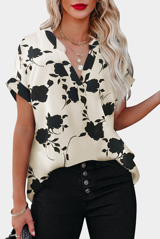 Apricot Floral Printed V Neck Short Sleeve Blouse