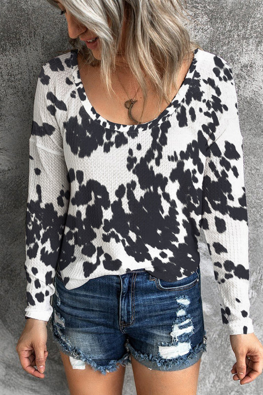 Animal Print U Neck Long Sleeve Shirt for Women