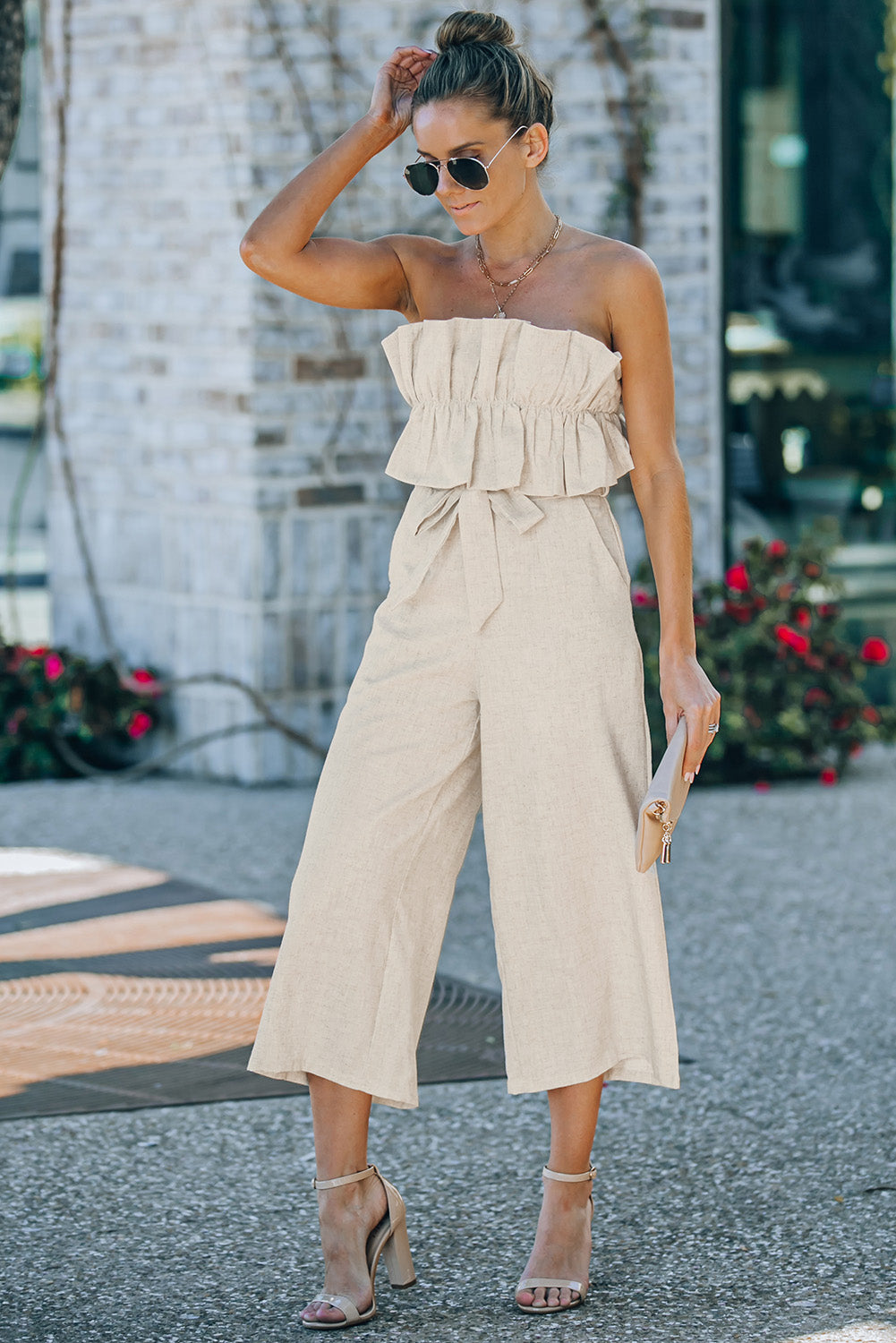 Beige Elegant Ruffled Strapless Wide Leg Jumpsuit