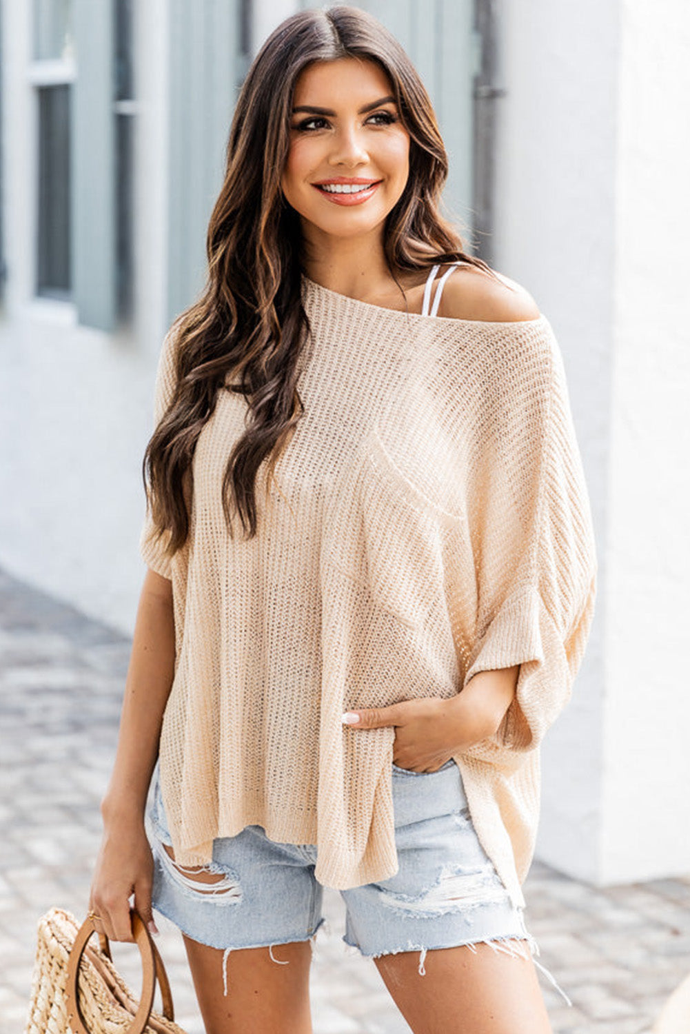 Apricot Fit Split Pocket Half Sleeve Knitted Loose Top