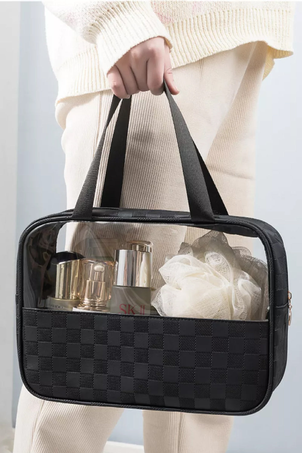 Black Checkered PVC Clear Cosmetic Bag