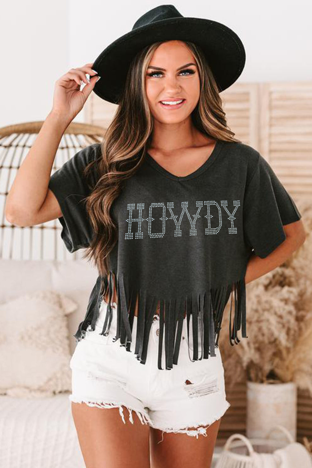 Black Rhinestone HOWDY Graphic V Neck Fringed Hem T Shirt