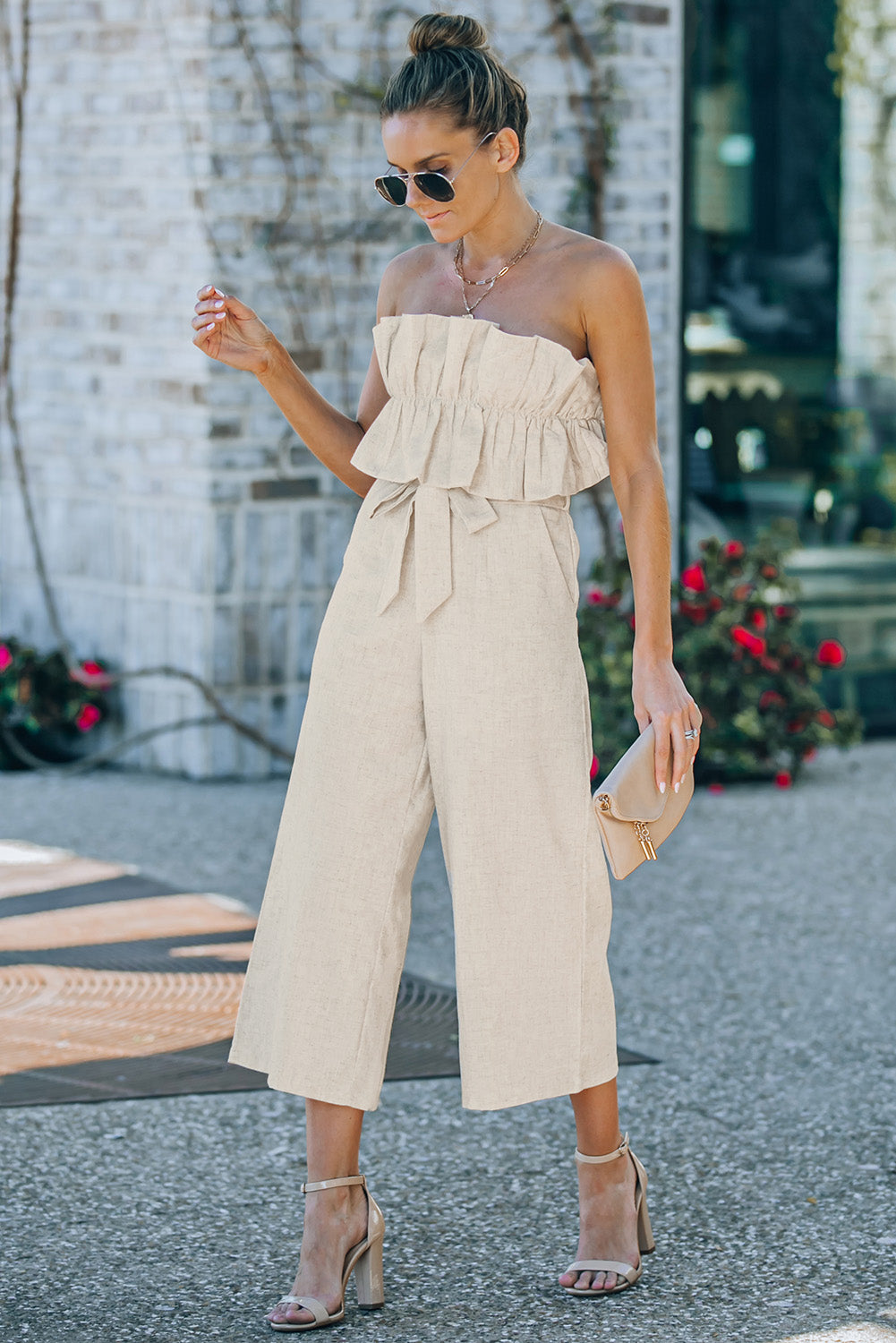 Beige Elegant Ruffled Strapless Wide Leg Jumpsuit