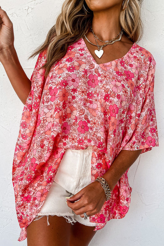 Pink Boho Floral Print V Neck Oversized Blouse