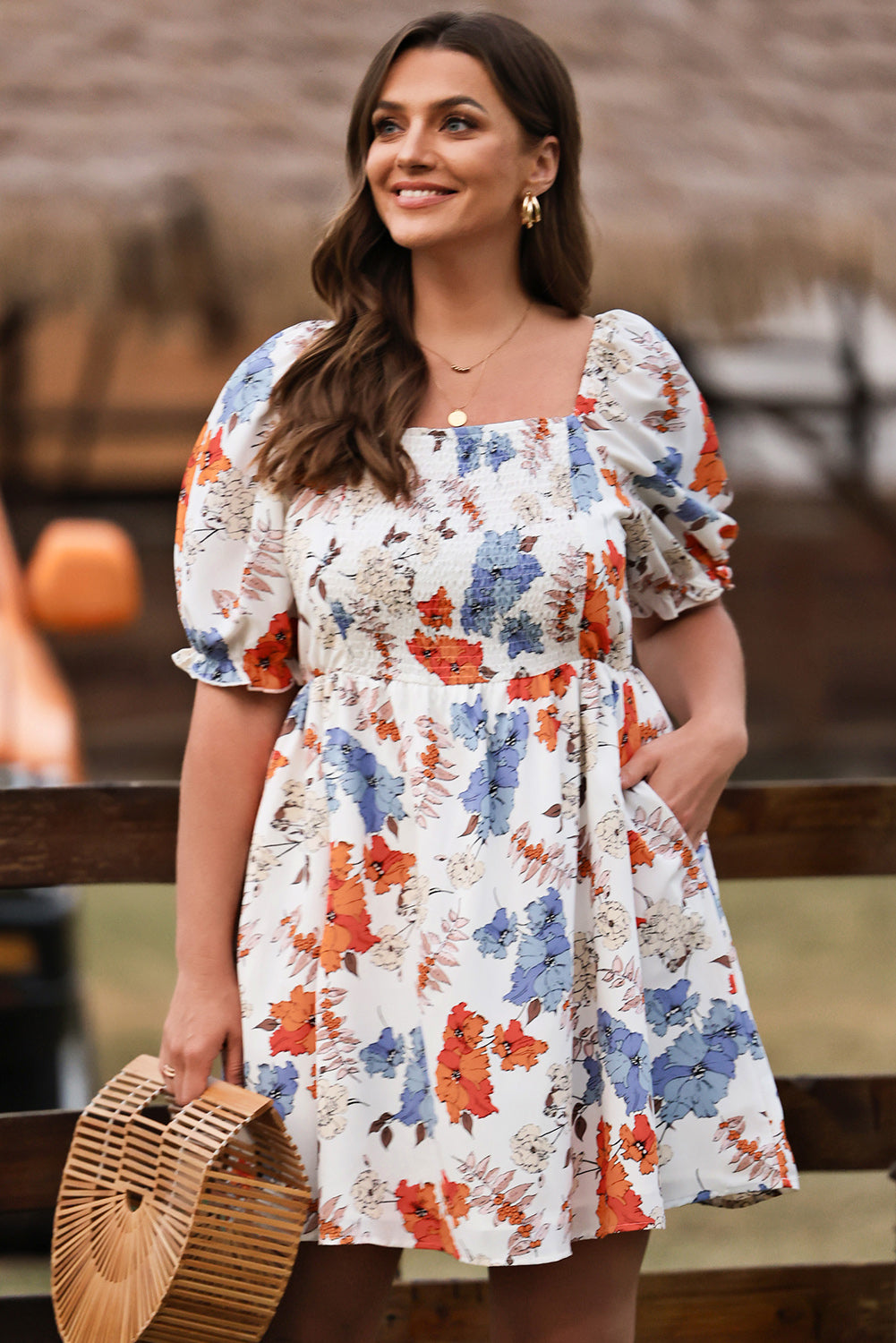 White Floral Smocked Flared Plus Size Dress