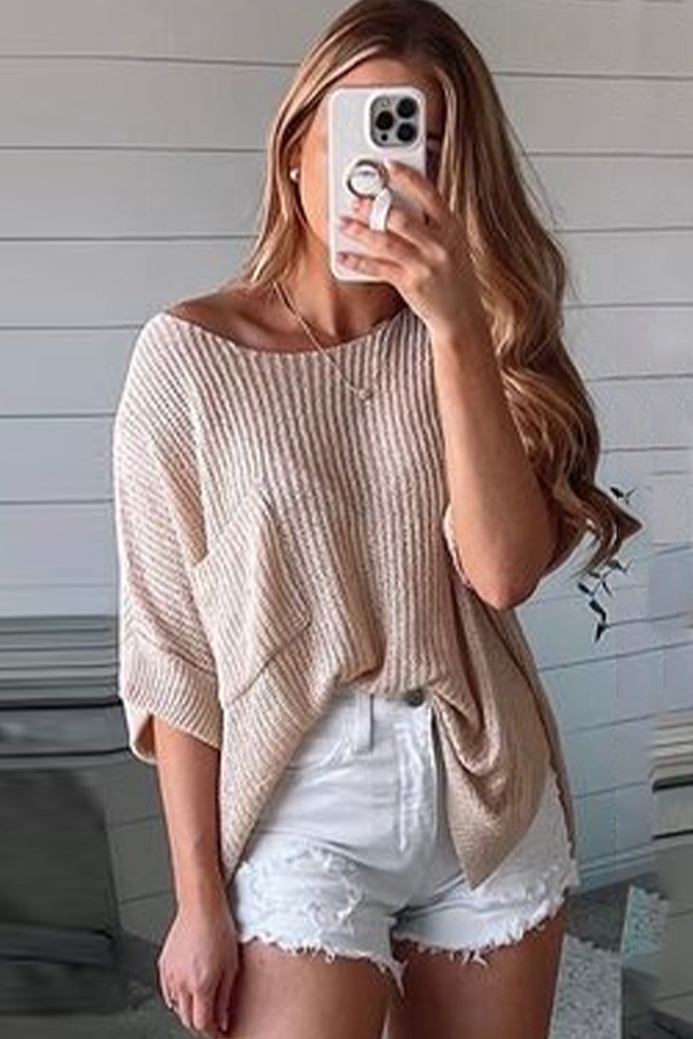 Apricot Fit Split Pocket Half Sleeve Knitted Loose Top