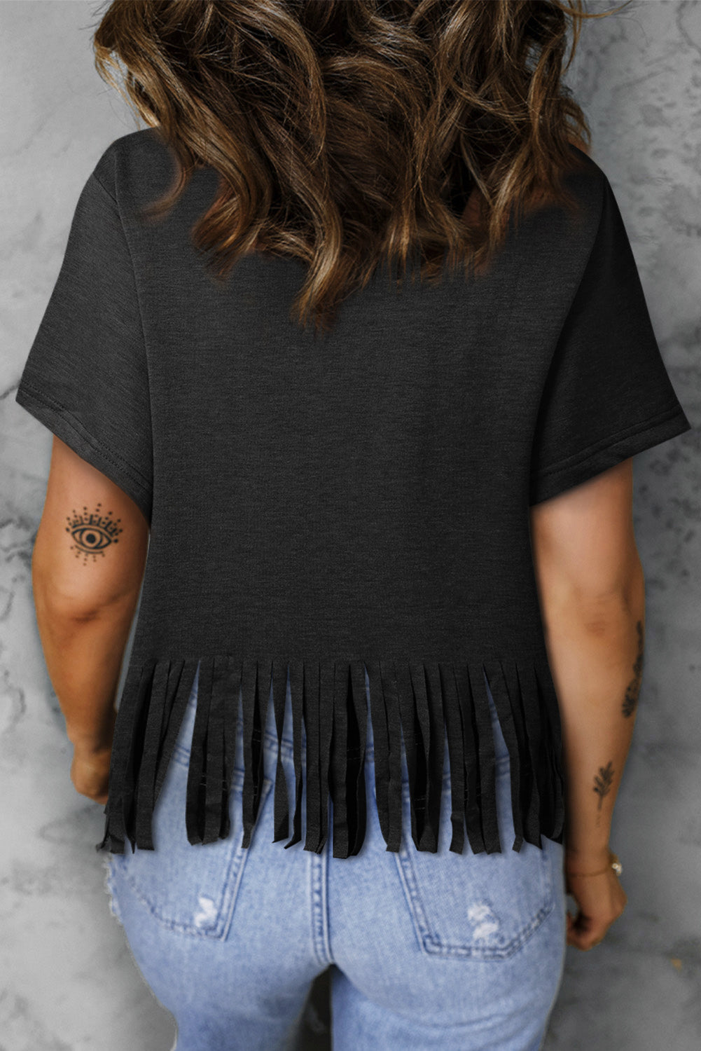 Black Rhinestone HOWDY Graphic V Neck Fringed Hem T Shirt