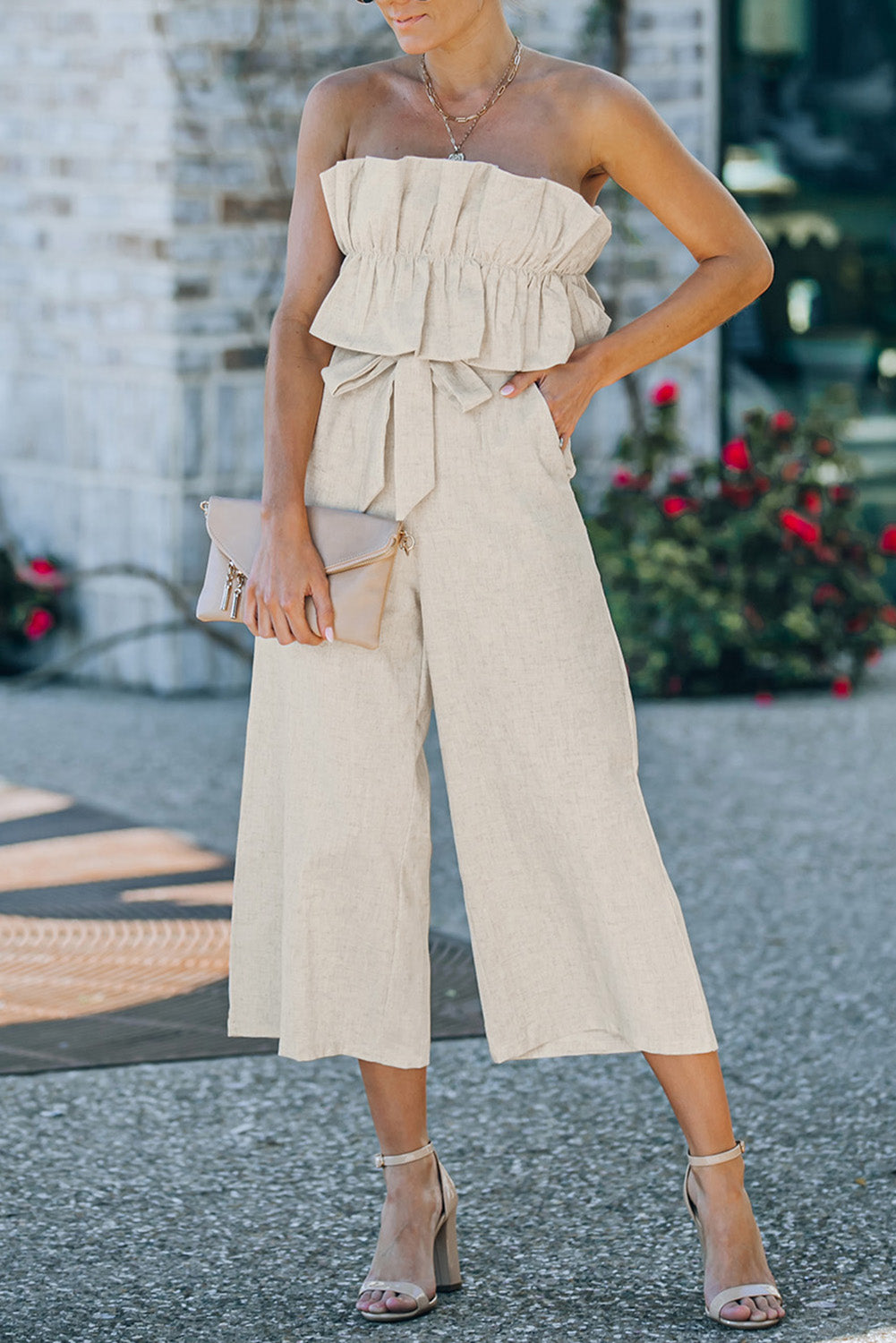 Beige Elegant Ruffled Strapless Wide Leg Jumpsuit