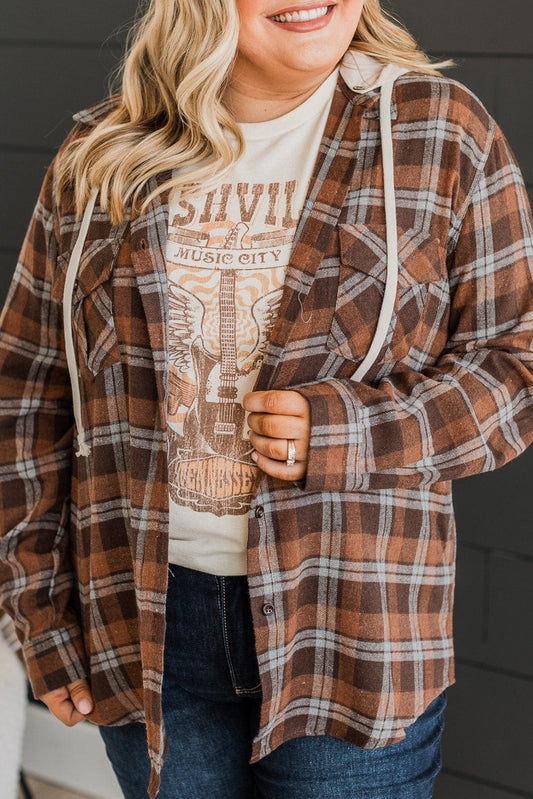 Brown Plus Size Plaid Button Up Contrast Hooded Shirt