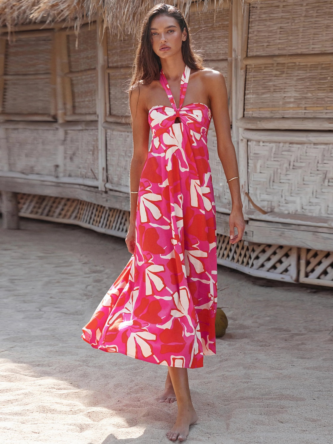 Printed Halter Neck Midi Cami Dress