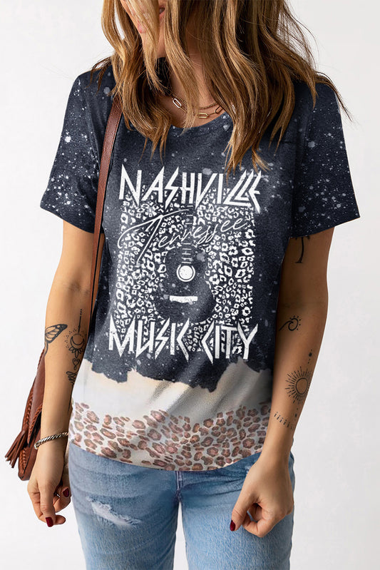 Black NASHVILLE MUSIC CITY Tie Dye Leopard Graphic Tee