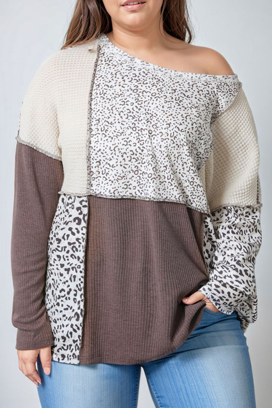 Brown Plus Size Leopard Waffle Ribbed Knit Patchwork Top