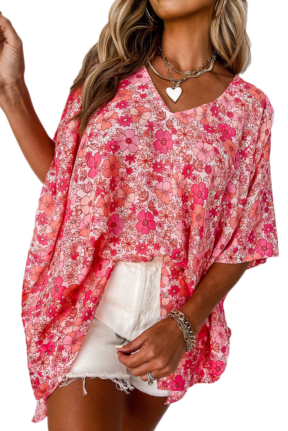 Pink Boho Floral Print V Neck Oversized Blouse