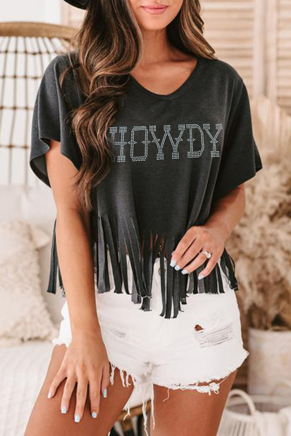 Black Rhinestone HOWDY Graphic V Neck Fringed Hem T Shirt