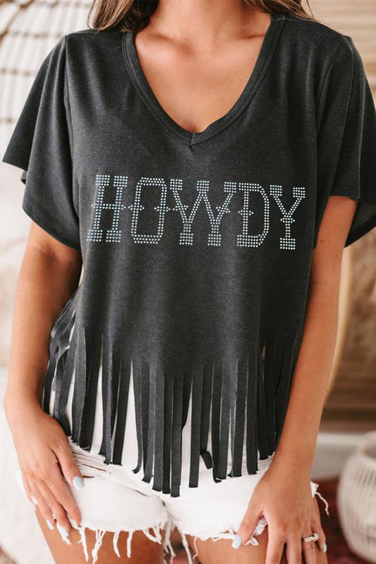 Black Rhinestone HOWDY Graphic V Neck Fringed Hem T Shirt